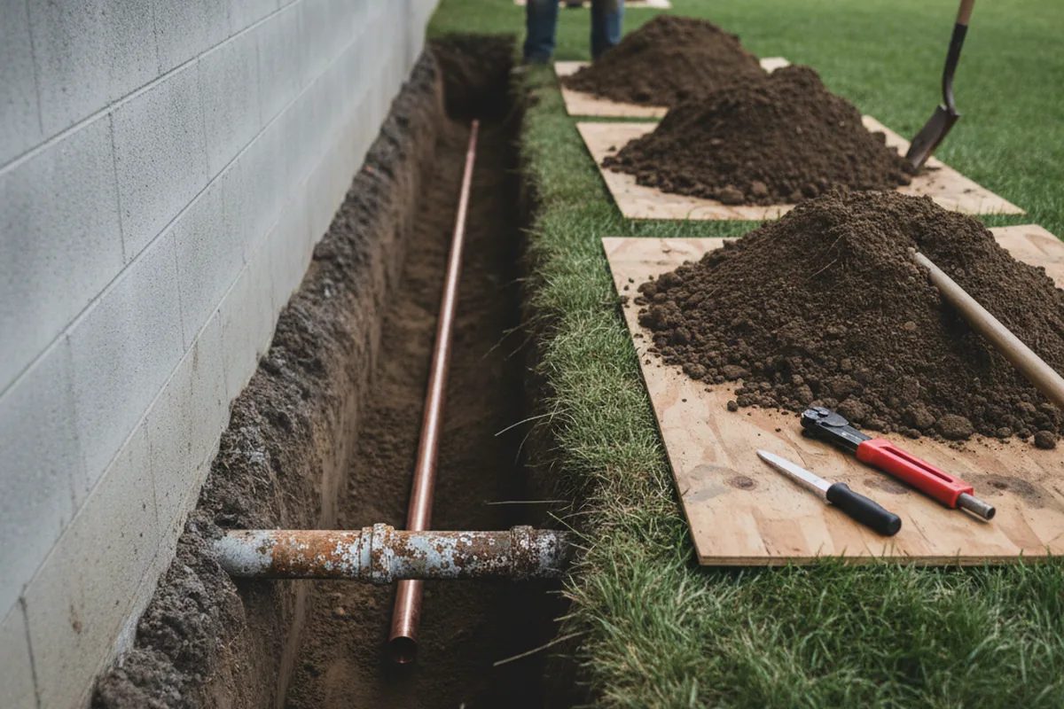 Excavated water line trench during Water Heater Repair in Morrice